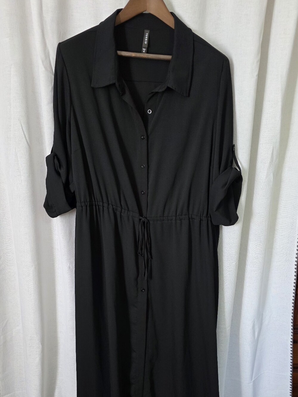 Torrid Black Maxi Shirt Dress Drawstring Waist 1X Plus Size Short Sleeve Roll Ta